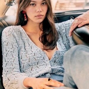 Sézane Annette Jumper / Cardigan - Light Blue Pointelle Knit - Size Small